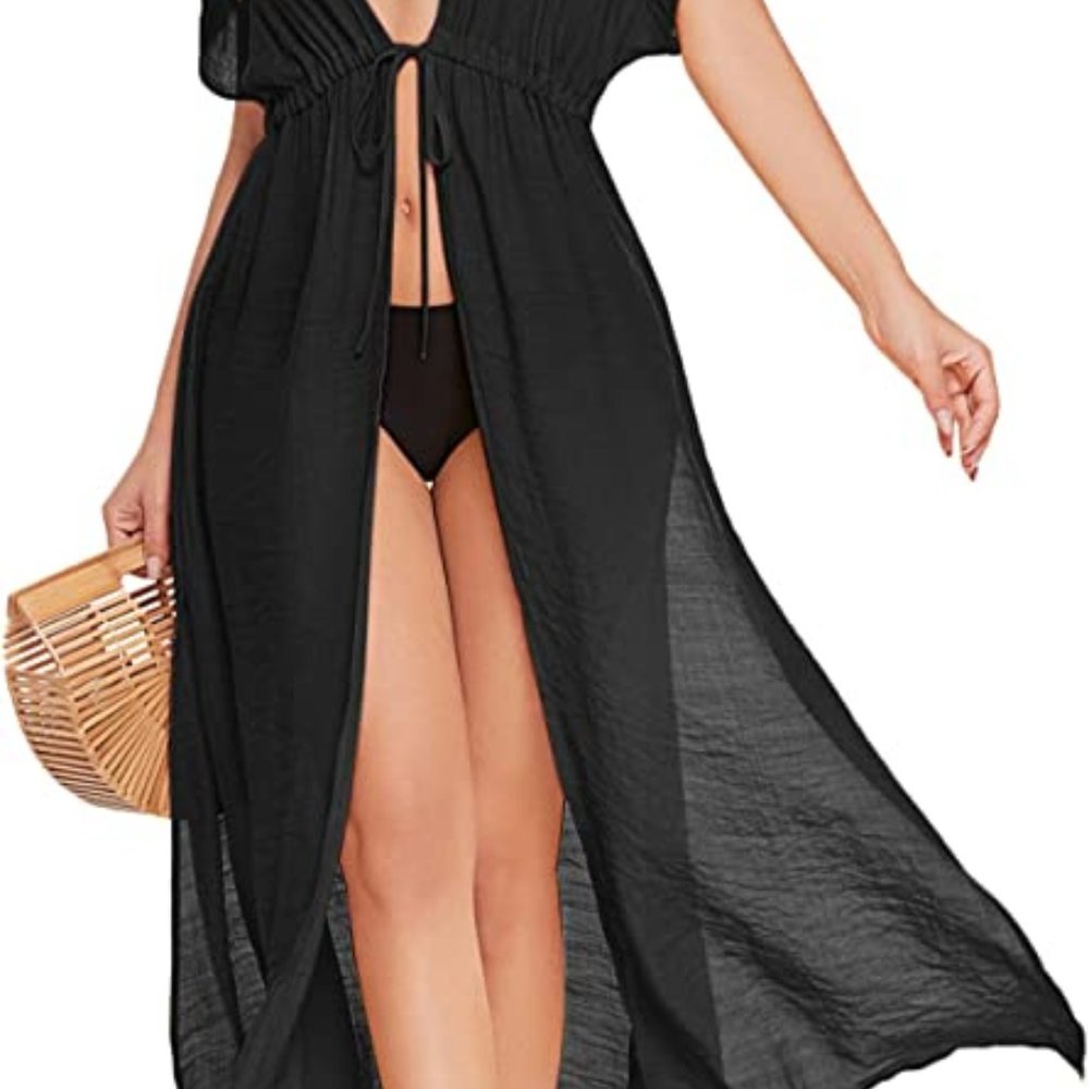 AI'MAGE Women's Swimwear Cover Ups Long Beach Kimono Cardigan with Drawstring Sw